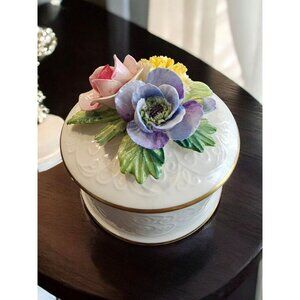 Crown Staffordshire Bone China Trinket Box With Floral Lid & Gold Trim 3"